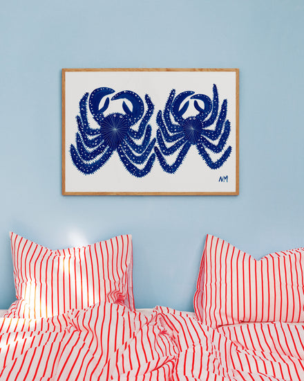 Environmental image of the poster on a blue wall in a colourful bedroom