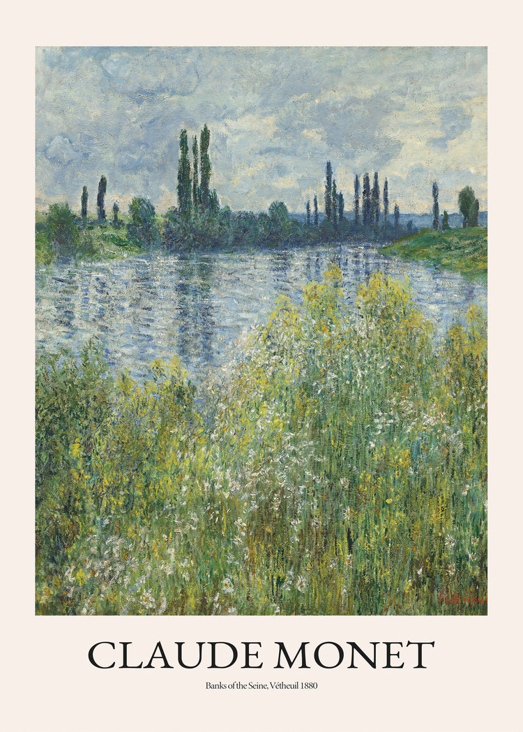 Immerse yourself in the French countryside with the Banks of the Seine by Claude Monet Poster, an impressionist masterpiece depicting a serene river scene, lush greenery, and a line of trees under a gentle, cloudy sky.