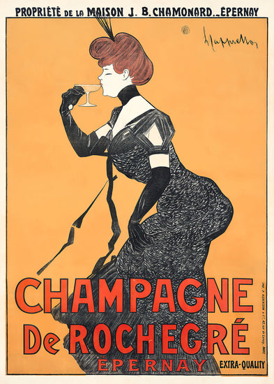 The Champagne de Rochegré 1902 Poster showcases a woman in an elegant black dress savoring champagne, exuding Belle Époque charm. A vibrant orange backdrop with bold text reads: Champagne de Rochegré Epernay, reminiscent of Leonetto Cappiellos style.