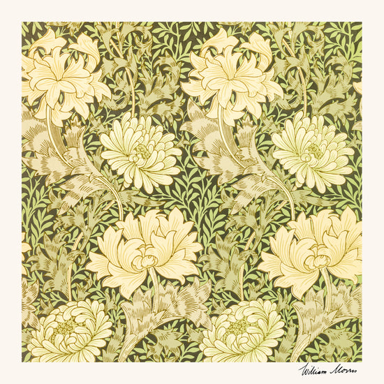 The Chrysanthemum Pattern by William Morris Poster features a vintage floral design with large, cream chrysanthemums and leafy stems on a green background, capturing the essence of Morriss iconic style.