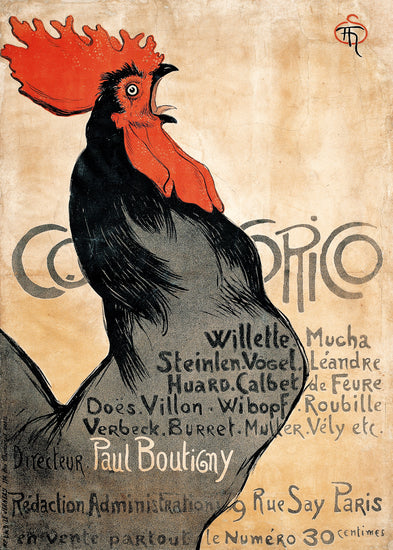 The Cocorico by Théophile-Alexandre Steinlen poster features a vibrant black rooster with a red comb crowing in an Art Nouveau style. The French Art Deco-inspired design includes decorative typography and text highlighting artists names and magazine details, capturing the charm of early 20th-century art.
