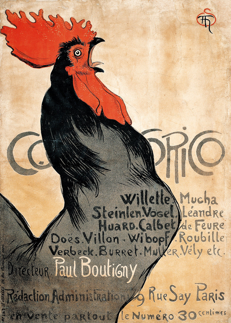 The Cocorico by Théophile-Alexandre Steinlen poster features a vibrant black rooster with a red comb crowing in an Art Nouveau style. The French Art Deco-inspired design includes decorative typography and text highlighting artists names and magazine details, capturing the charm of early 20th-century art.