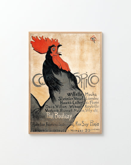 The Cocorico by Théophile-Alexandre Steinlen poster features a stylized black rooster with a vivid red comb on a beige background. It includes ornate lettering with Cosmospolitique and names, signed by Paul Bouligny, echoing French Art Deco elegance, with an address in Paris.