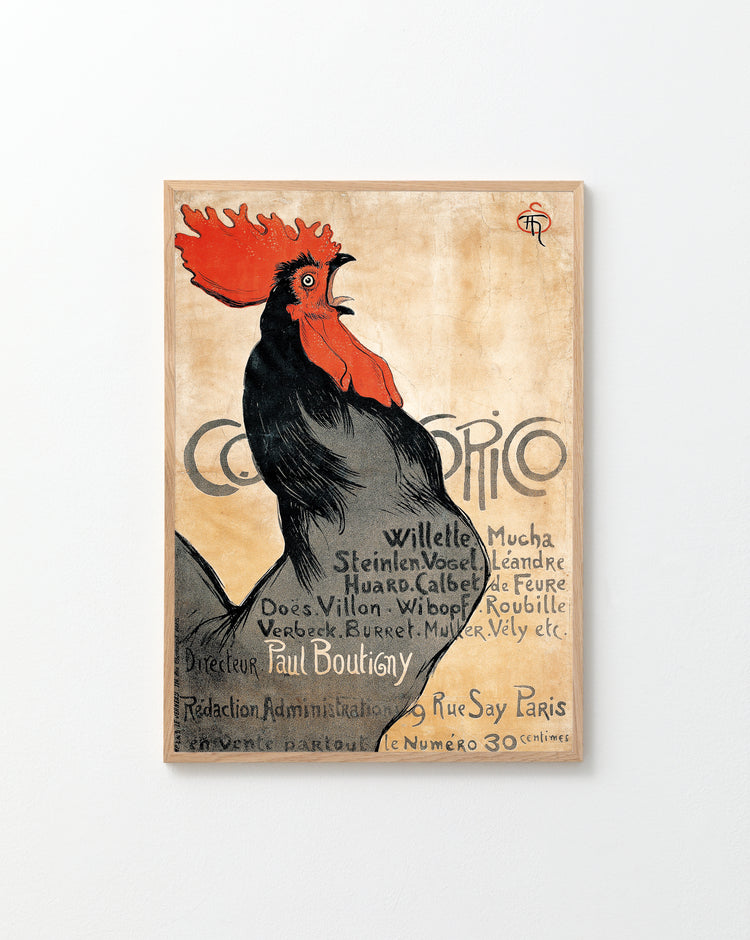 The Cocorico by Théophile-Alexandre Steinlen poster features a stylized black rooster with a vivid red comb on a beige background. It includes ornate lettering with Cosmospolitique and names, signed by Paul Bouligny, echoing French Art Deco elegance, with an address in Paris.