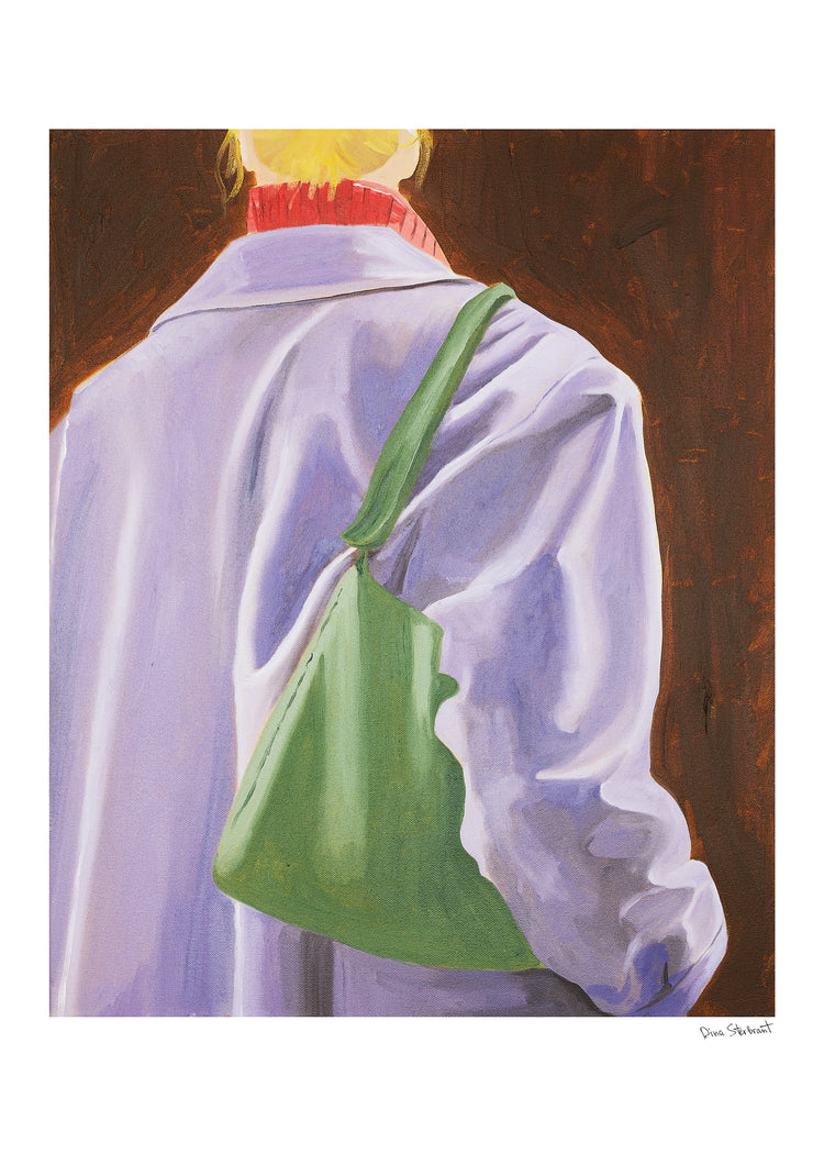 A poster featuring a painting of a person wearing a purple coat and a green bag, with a focus on the bag.