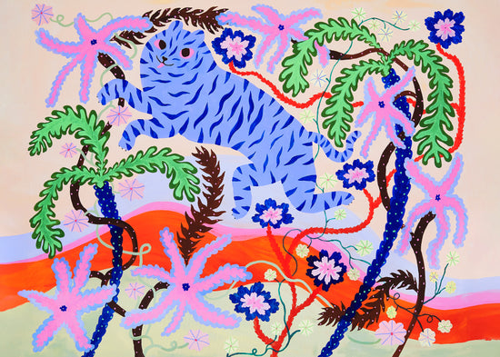 The vibrant Dizzy Daizy Poster showcases a blue tiger with black stripes leaping through colorful palm trees and pink flowers, set in a surreal landscape of swirling red, pink, and orange hills creating a whimsical jungle scene.