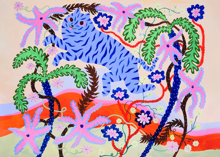 The vibrant Dizzy Daizy Poster showcases a blue tiger with black stripes leaping through colorful palm trees and pink flowers, set in a surreal landscape of swirling red, pink, and orange hills creating a whimsical jungle scene.