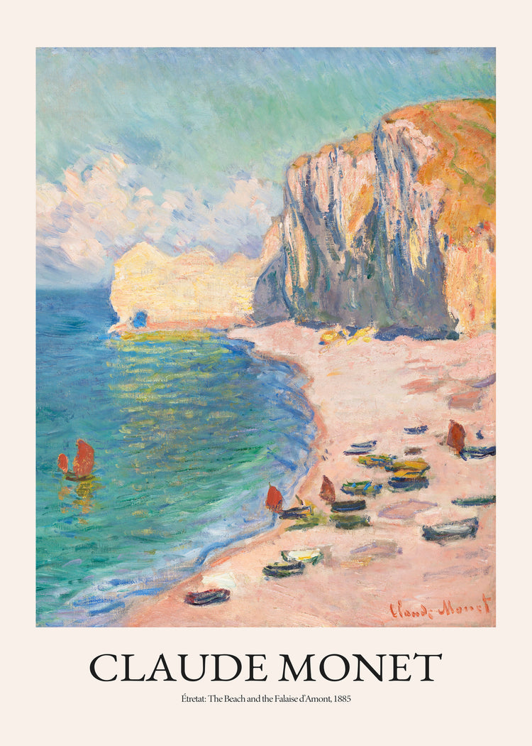 Claude Monets Étretat: The Beach and the Falaise dAmont Poster captures Étretats charm with its cliffs, blue sea, sandy beach, boats, and serene sky.
