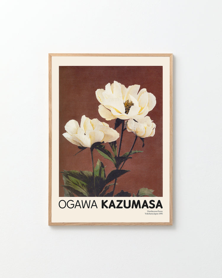 This framed poster showcases Ogawa Kazumasas Japanese elegance with pale yellow peonies against a dark brown backdrop.