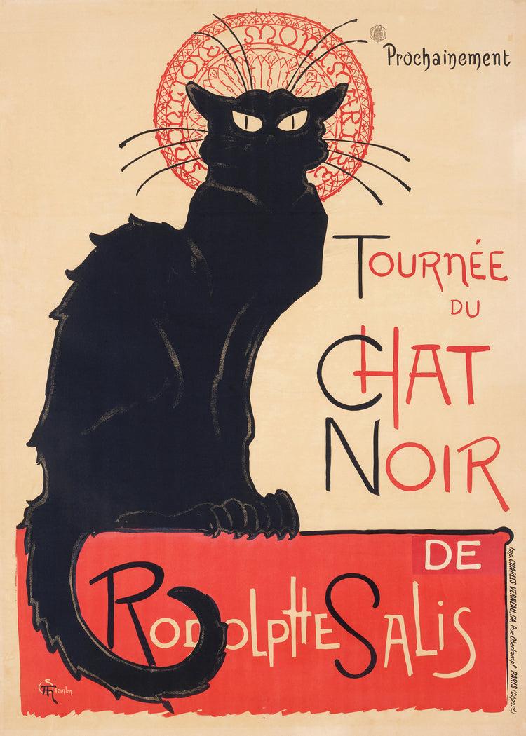 A Le Chat Noir by Théophile-Alexandre Steinlen poster exudes Parisian chic, featuring a stylized black cat with an arched back and red halo, and the elegant text Tournée du Chat Noir de Rodolphe Salis.