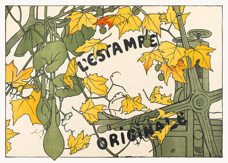 A vintage poster featuring Art Nouveau style with autumn leaves, an antique printing press, and the text 'L'ESTAMPE ORIGINALE'.