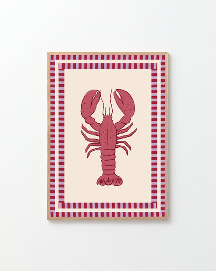 The Le Stripy Homard Poster showcases a stunning collage of a red lobster centered on a white background, encased in a red and white checkered frame, and displayed on a plain white wall.