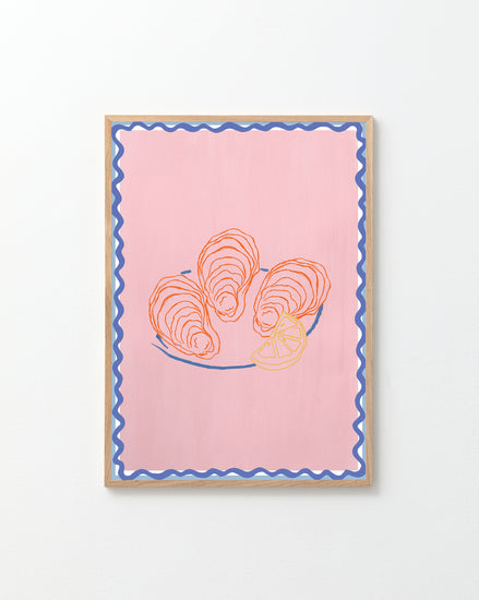 The Plateau dhuîtres Poster features a collage of three oysters and a lemon slice on a platter against a pink background, framed with a blue wavy border.