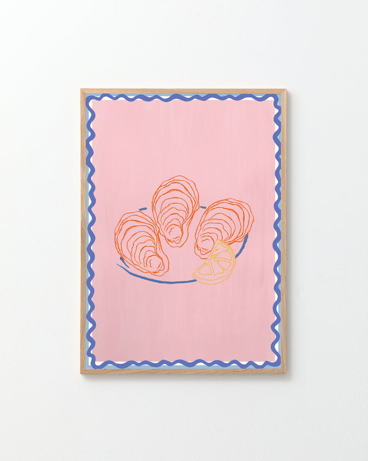The Plateau dhuîtres Poster features a collage of three oysters and a lemon slice on a platter against a pink background, framed with a blue wavy border.