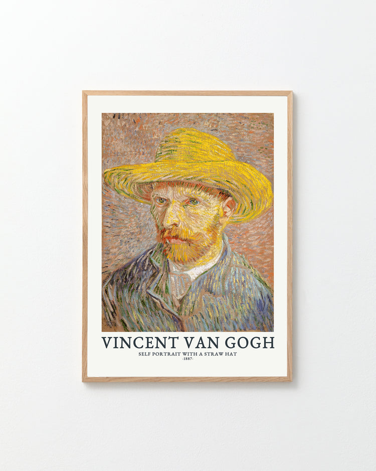 Framed artwork of Vincent van Gogh's 'Self-Portrait with a Straw Hat' on a white background
