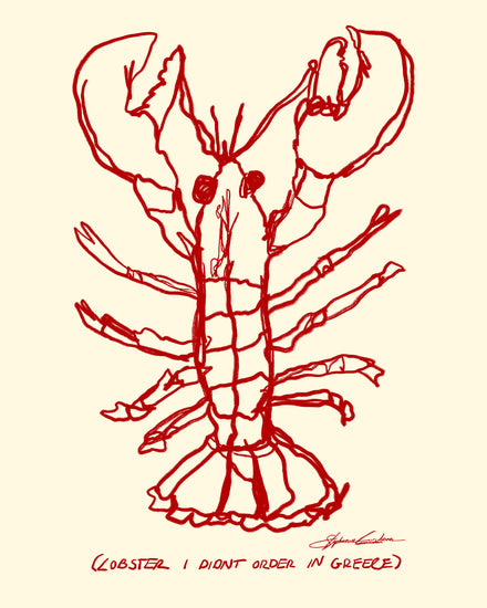 The Lobster Poster showcases a red lobster sketch with the humorous caption (LOBSTER I DIDN’T ORDER IN GREECE) on a light beige background.