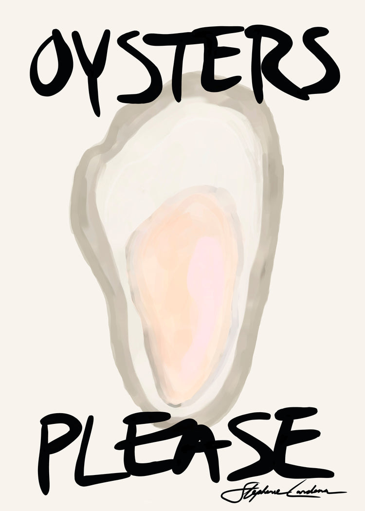 The Oysters Please Poster is a digital illustration featuring an oyster with OYSTERS PLEASE in bold black text above and below, showcased in soft, muted colors—ideal for seafood decor fans.