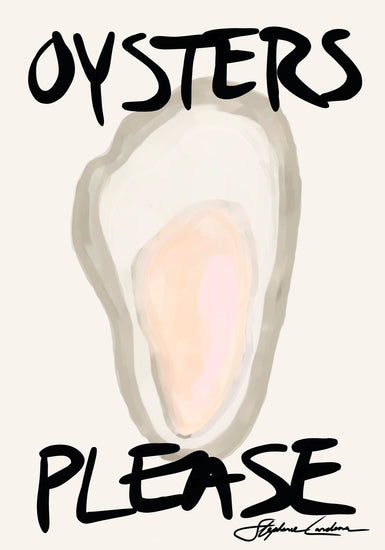 The Oysters Please Poster features a digitally crafted illustrated oyster shell with a soft pink and beige interior, boldly adorned with the words Oysters Please, making it an ideal seafood decor piece. A signature at the bottom right adds a charming touch to the composition.