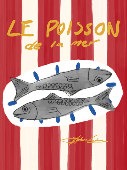 The Le Poisson Poster features two stylized fish on a white oval with a red and white striped background. Le Poisson de la Mer is displayed in yellow above, accompanied by a signature below. The digital illustration is enhanced with blue accents and coastal vibes.