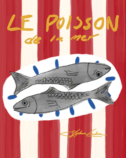 The Le Poisson Poster showcases a coastal vibe with two realistic fish on a white oval with blue accents. It features the text Le Poisson de la Mer in yellow against red and white vertical stripes, with a signature at the bottom, capturing the essence of digital illustration.