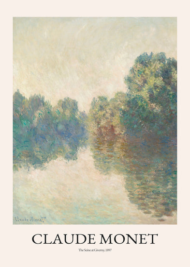 Claude Monets The Seine at Giverny art poster beautifully depicts a serene river scene with lush trees reflecting in the water, highlighting his exceptional use of light and color to evoke the tranquil French countryside.