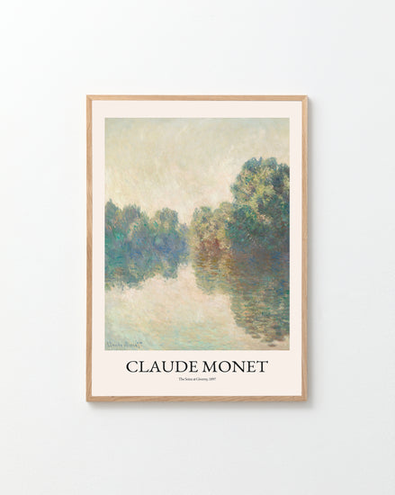 The poster titled The Seine at Giverny by Claude Monet features a serene river landscape with reflections and lush green trees, set against a plain white background.