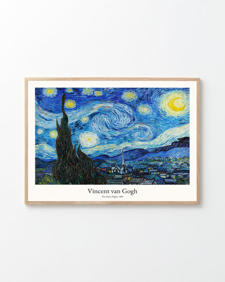 The framed art print titled The Starry Night by Vincent van Gogh Poster showcases swirling stars, a crescent moon, and a dark cypress tree over a town, with the artists name and title elegantly displayed beneath.