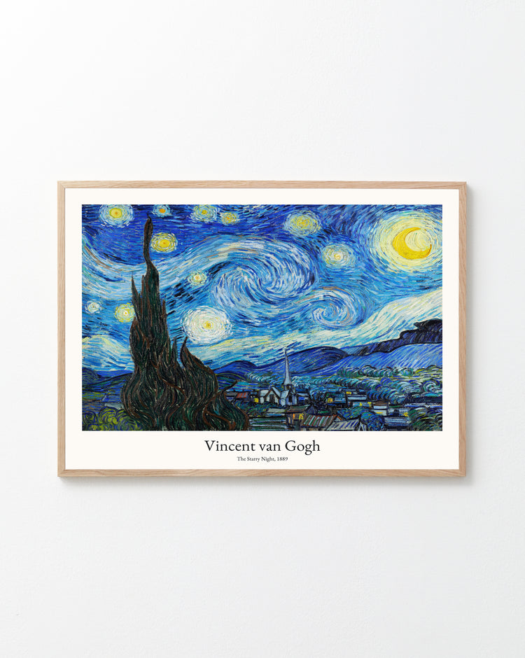 The framed art print titled The Starry Night by Vincent van Gogh Poster showcases swirling stars, a crescent moon, and a dark cypress tree over a town, with the artists name and title elegantly displayed beneath.