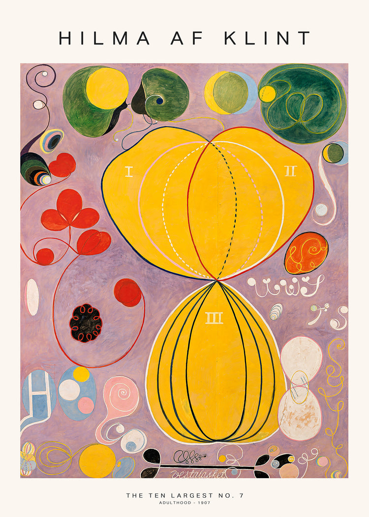 A poster featuring 'The Ten Largest No. 7' by Hilma af Klint with abstract organic shapes, geometric lines, and symbols in vibrant colors on a purple background.