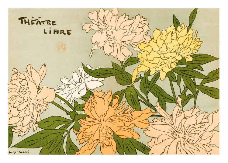 A vintage poster featuring a colorful illustration of peony flowers with the text 'Théatres Libre' at the top, indicative of the Art Nouveau style.