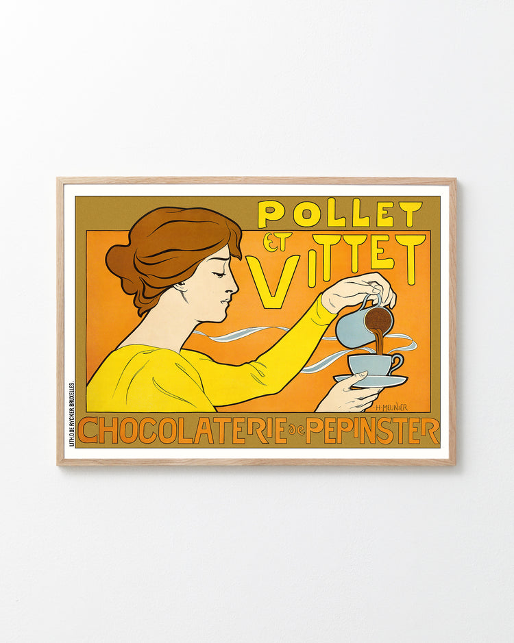 Vintage-style poster of a woman pouring coffee with 'Pollet et Vitet' branding.