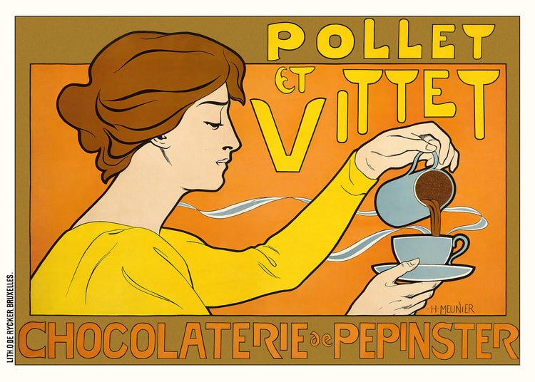 A vintage poster featuring a colorful illustration of a woman serving hot chocolate, with the names 'Pollet et Vittet' and 'Chocolaterie de Pepinster' prominently displayed. The background is orange, and the woman wears a yellow dress.
