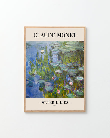 The Water Lilies by Claude Monet 1915 Poster captures French Impressionisms essence, showcasing pink water lilies on reflective blue water, with Claude Monet at the top and Water Lilies 1915 elegantly noted at the bottom.