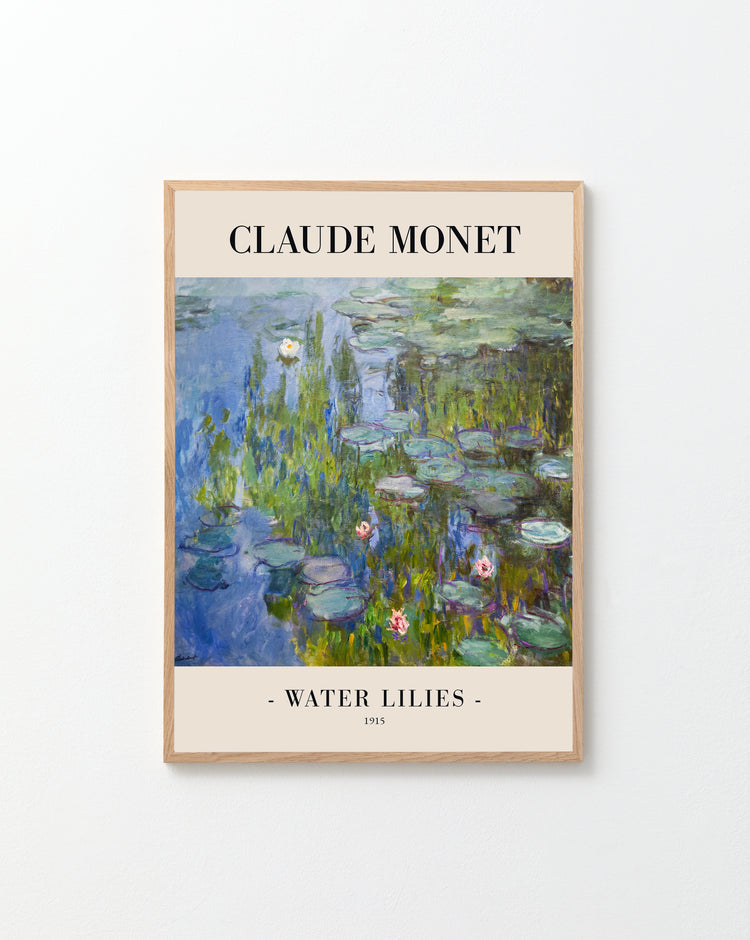 The Water Lilies by Claude Monet 1915 Poster captures French Impressionisms essence, showcasing pink water lilies on reflective blue water, with Claude Monet at the top and Water Lilies 1915 elegantly noted at the bottom.