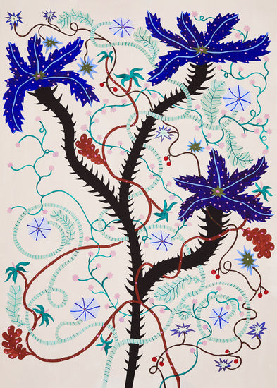 The Wild Whirling Cherries Poster features vibrant abstract foliage with large blue star-shaped flowers on curving black stems, intertwined colorful vines, and spiral shapes that form a dynamic, intricate pattern against a light background, reminiscent of a whimsical landscape filled with wildflowers.