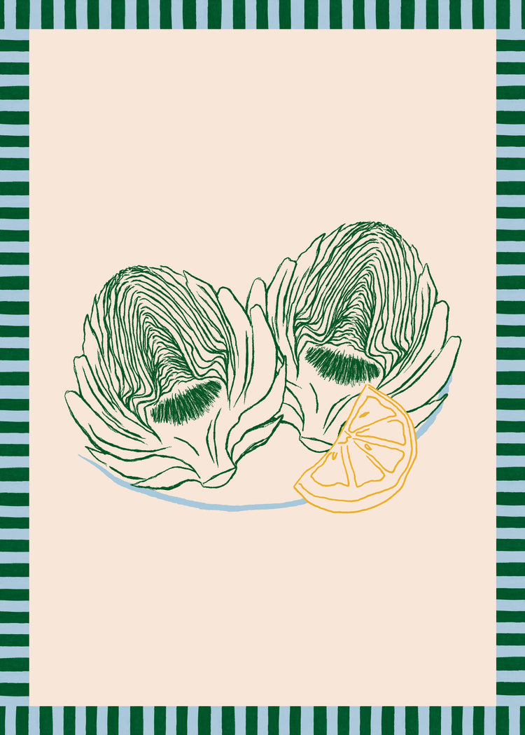 The Les Artichauts Poster features artichoke halves on a plate with lemon wedges, set against a beige background bordered by green and white stripes, capturing the spirit of a French market day in digital artwork.