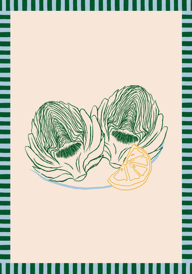 The Les Artichauts Poster features two halved artichokes and a lemon slice on a plate, set against a light peach background. Green and dark green stripes frame the art, reminiscent of a French market. Ideal for home decor, the artichokes are outlined in green and the lemon in yellow.