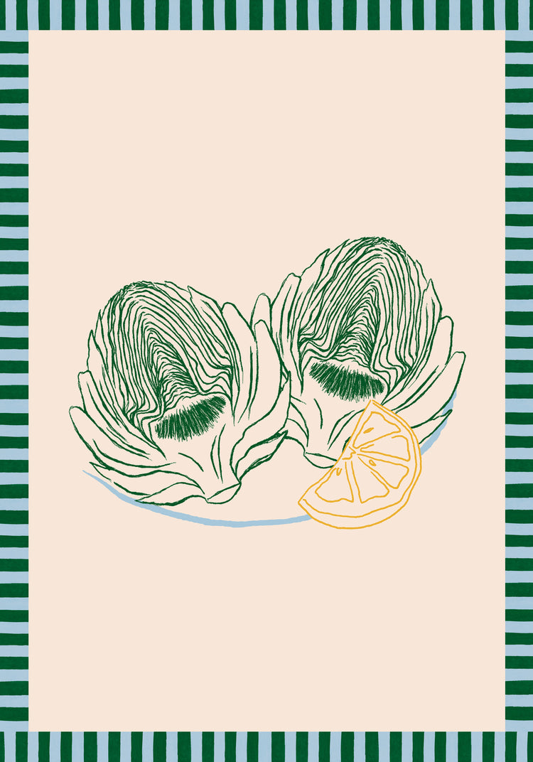 The Les Artichauts Poster features two halved artichokes and a lemon slice on a plate, set against a light peach background. Green and dark green stripes frame the art, reminiscent of a French market. Ideal for home decor, the artichokes are outlined in green and the lemon in yellow.