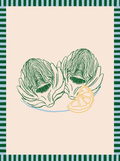 The Les Artichauts Poster features digital artwork of two artichokes on a plate with a lemon slice, bordered by green and blue stripes against a beige background, evoking the charm of a French market day poster.