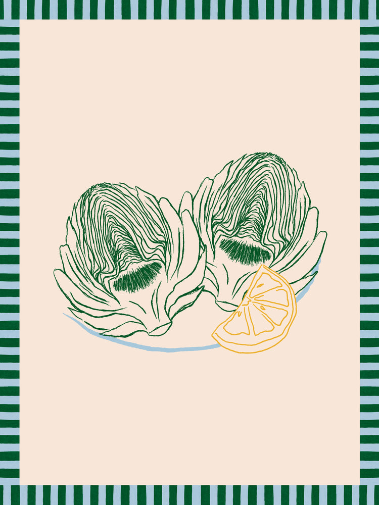 The Les Artichauts Poster features digital artwork of two artichokes on a plate with a lemon slice, bordered by green and blue stripes against a beige background, evoking the charm of a French market day poster.
