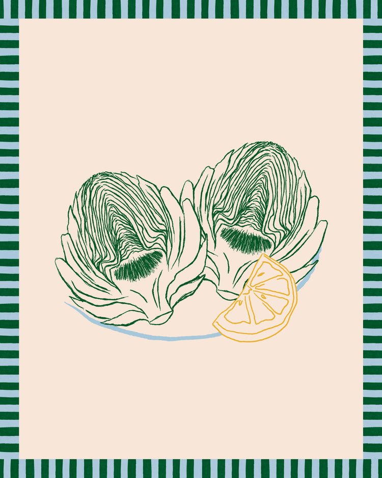 The Les Artichauts Poster showcases a digital artwork of two halved artichokes and a lemon wedge on a plate, set against a light beige background. It features a green and black striped border, evoking the charm of a French market day.