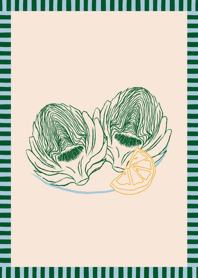 The Les Artichauts Poster features two artichoke halves and a lemon slice on a plate, reminiscent of a French market. A teal and dark blue striped border frames the beige center, adding elegance to any home decor.