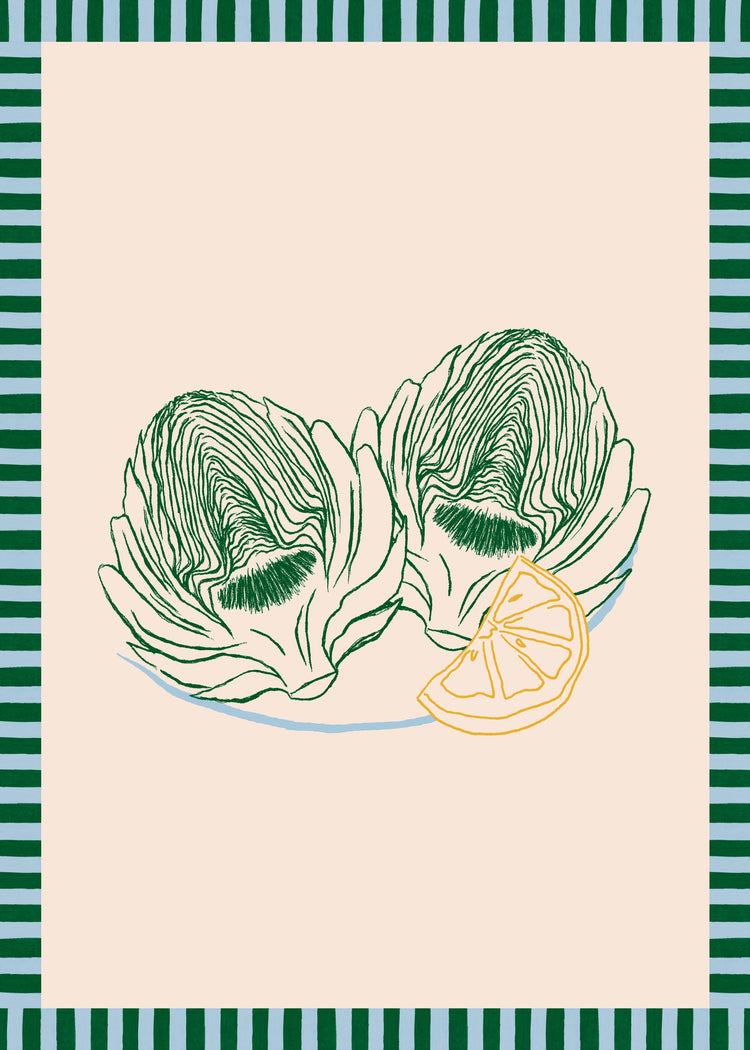 The Les Artichauts Poster features two artichoke halves and a lemon slice on a plate, reminiscent of a French market. A teal and dark blue striped border frames the beige center, adding elegance to any home decor.