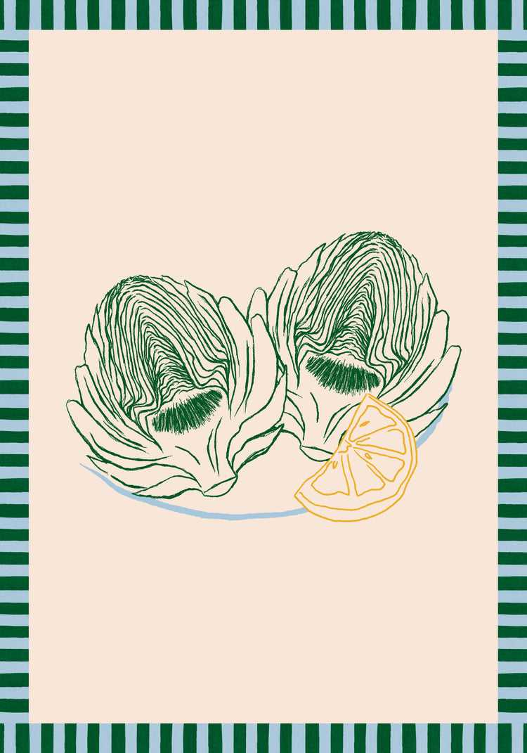 The Les Artichauts Poster features a digital drawing of two artichoke halves on a plate with a lemon slice, set against a beige background. The border emulates a classic French market day poster with alternating green and white stripes.