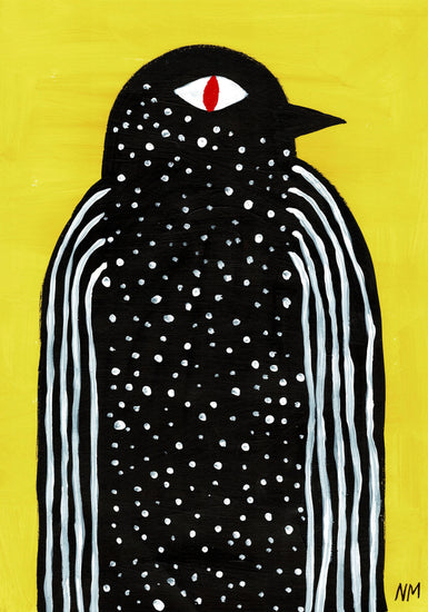 poster with a painted black bird on a yellow background