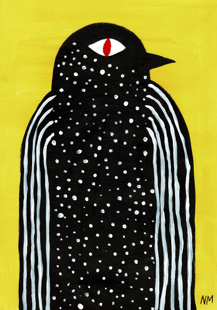 poster with a painted black bird on a yellow background