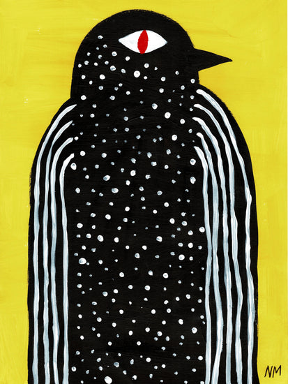 poster with a painted black bird on a yellow background