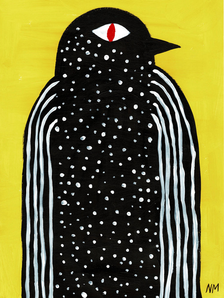 poster with a painted black bird on a yellow background
