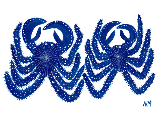 poster with two blue crabs on white background