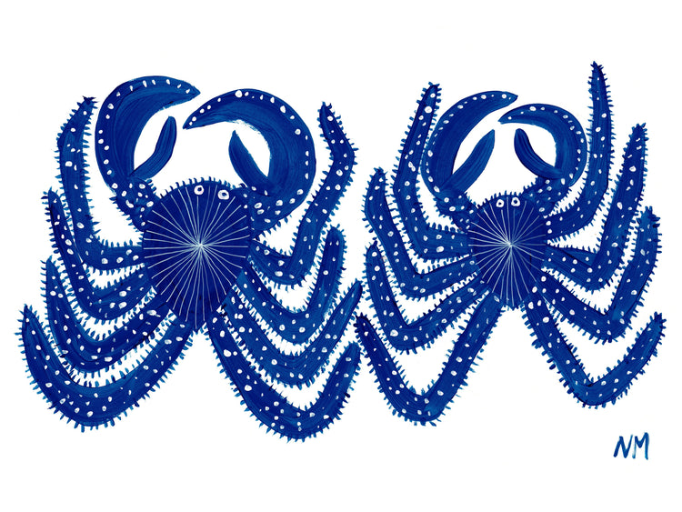 poster with two blue crabs on white background